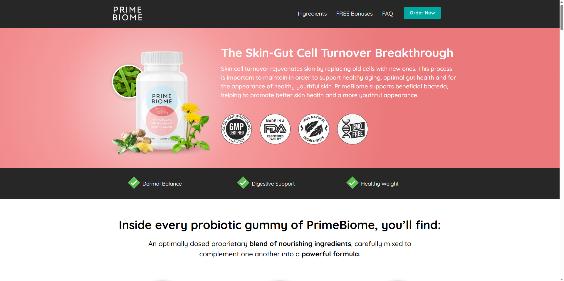 Prime Biome gummies in a colorful package, showcasing probiotic support for skin and gut health
