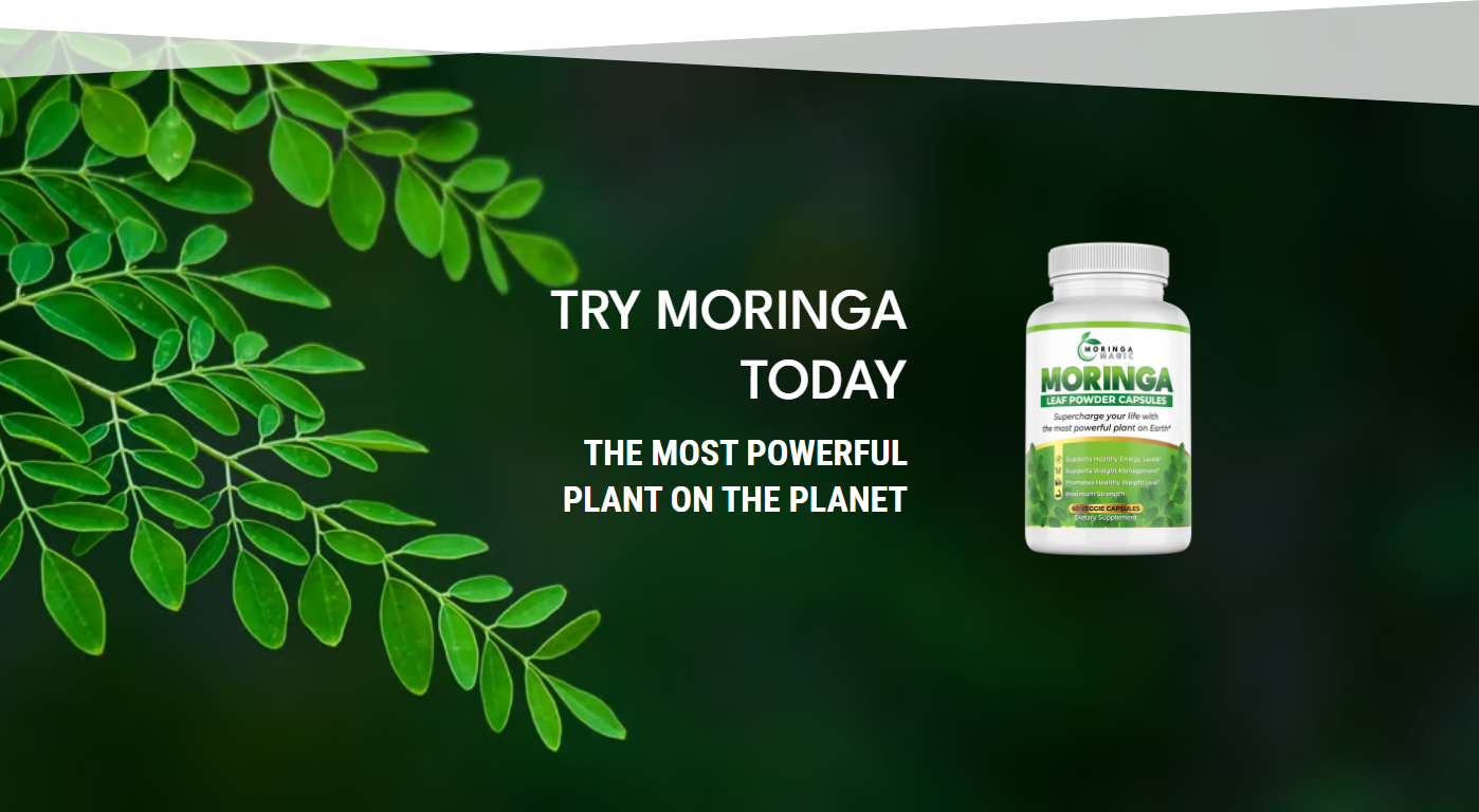 Moringa Magic bottle with natural moringa leaves, showcasing the all-natural superfood supplement